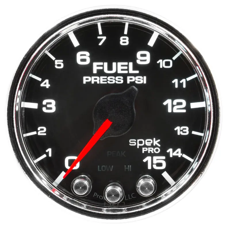 Autometer Spek-Pro 2-1/16" Fuel Pressure Gauge – 15 Psi Range With Peak Hold & Warning, Black/Chrome 1