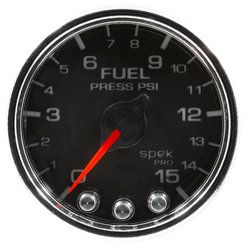Autometer Spek-Pro 2-1/16" Fuel Pressure Gauge – 15 Psi Range With Peak Hold & Warning, Black/Chrome 2